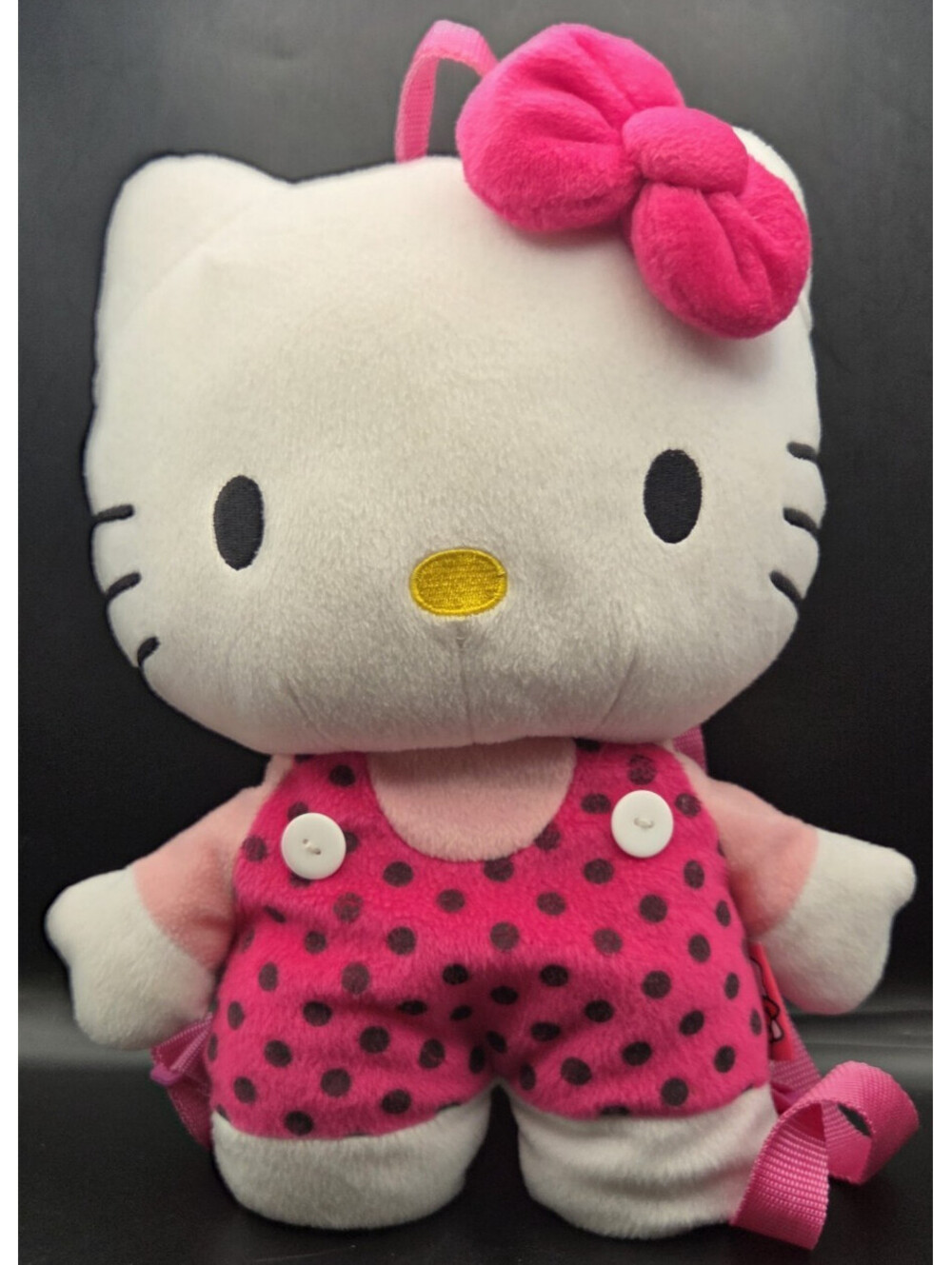 Sanrio Hello Kitty Pink Polka Dot Overalls Plush Stuffed Animal Backpack 14"